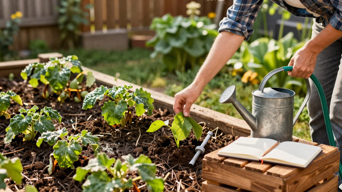 Pessoa cuidando de plantas em canteiro, regando com regador metálico e anotando em caderno aberto.