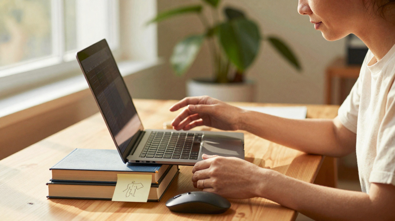 Pessoa usando laptop apoiado em livros com mouse ao lado, em mesa de madeira perto da janela.