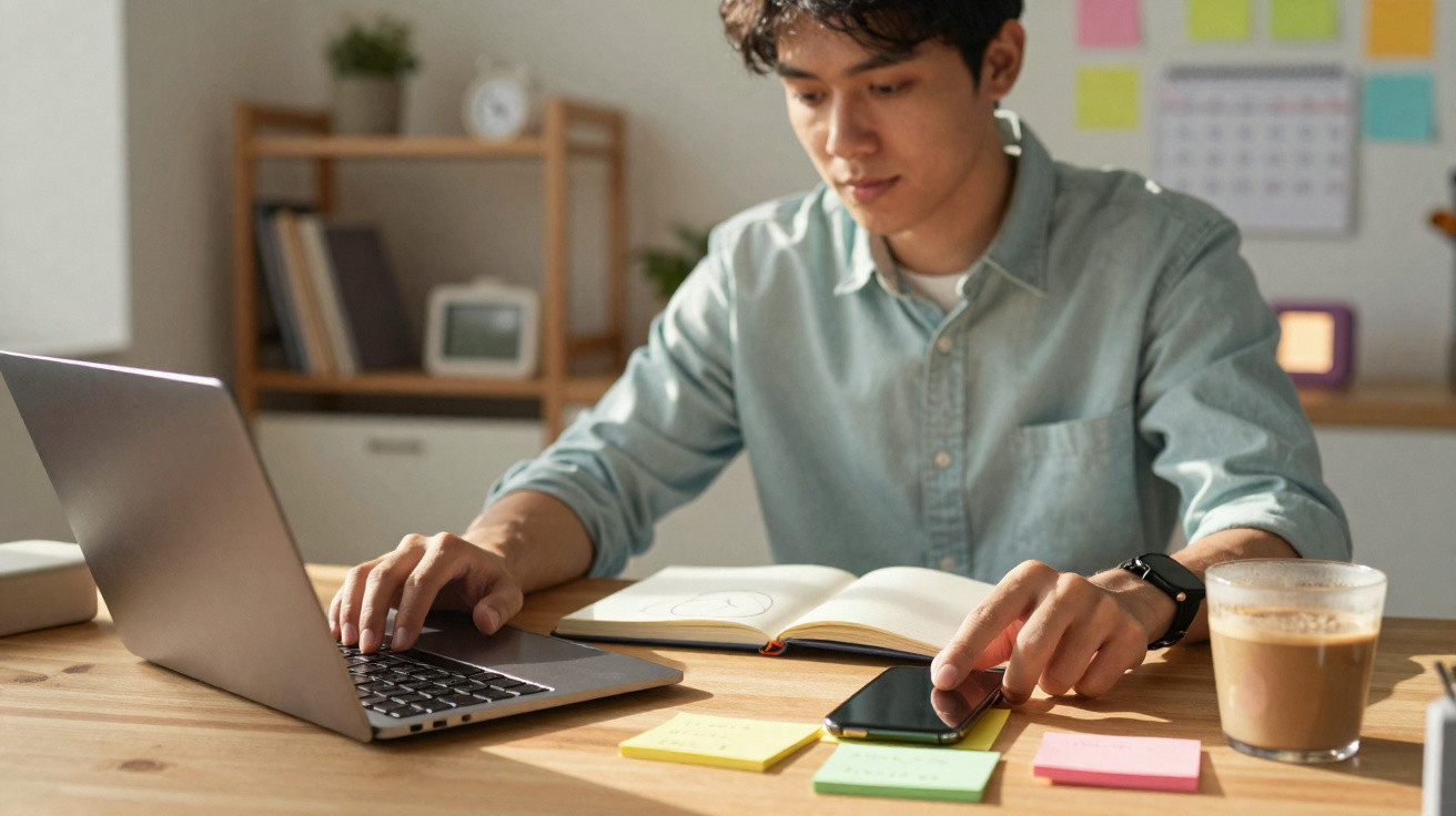 Jovem estudando com notebook, celular, caderno, post-its e café em mesa organizada.