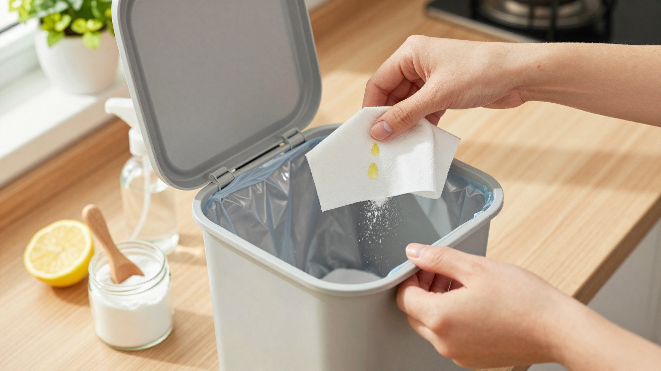 Mãos descartando papel toalha com gotas de líquido dentro de uma lixeira cinza em cozinha.
