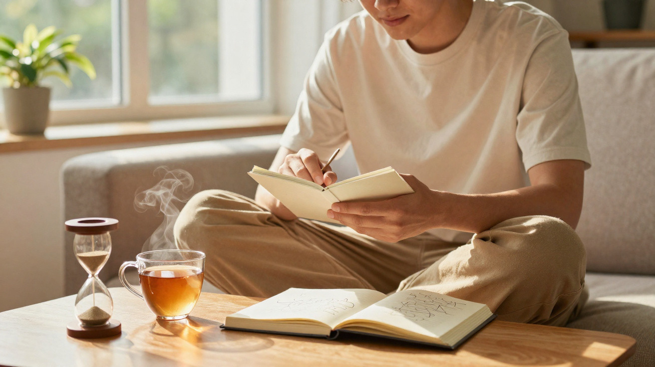 Pessoa escrevendo em caderno sentada no sofá com xícara de chá quente e ampulheta na mesa à luz do dia.