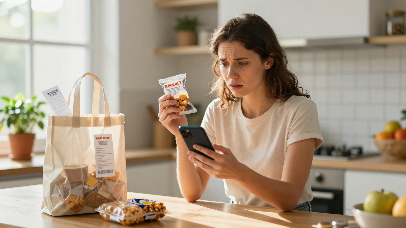 Mulher preocupada olhando o celular enquanto segura pacote de snack em cozinha clara e clean.