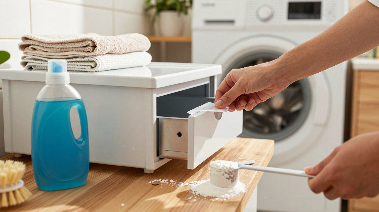Pessoa medindo detergente em pó para máquina de lavar roupas em lavanderia doméstica organizada.