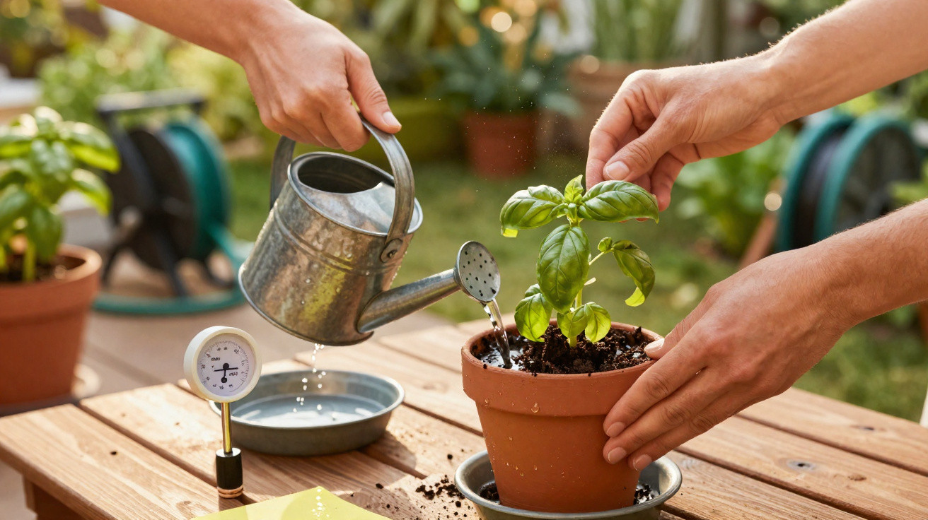 Pessoa regando e cuidando de planta em vaso de barro sobre mesa de madeira ao ar livre.