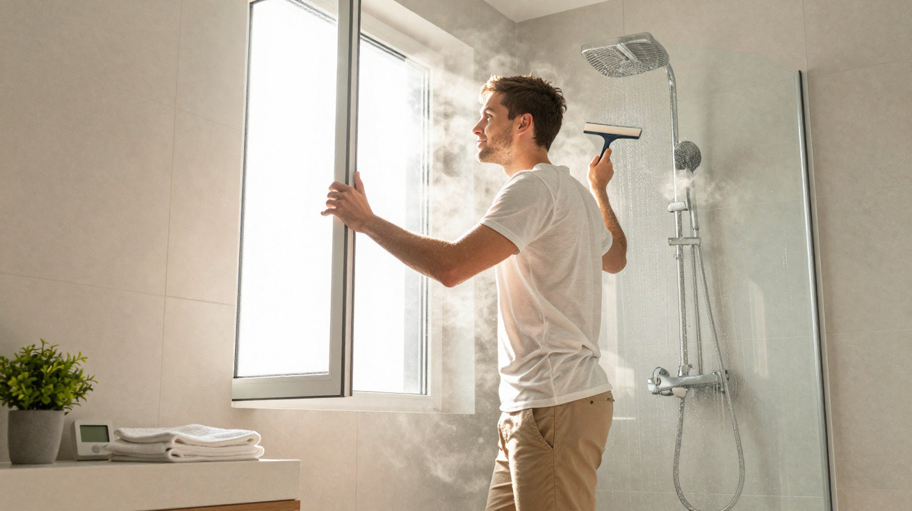 Homem abrindo janela para ventilar banheiro cheio de vapor após banho quente.