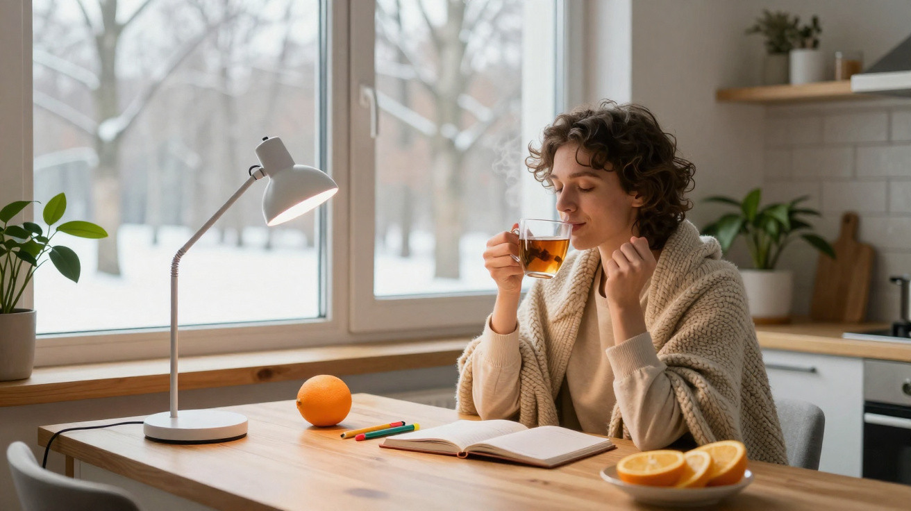 Pessoa sentada à mesa tomando chá, lendo livro aberto, com laranja e lápis coloridos ao lado, janela ao fundo.