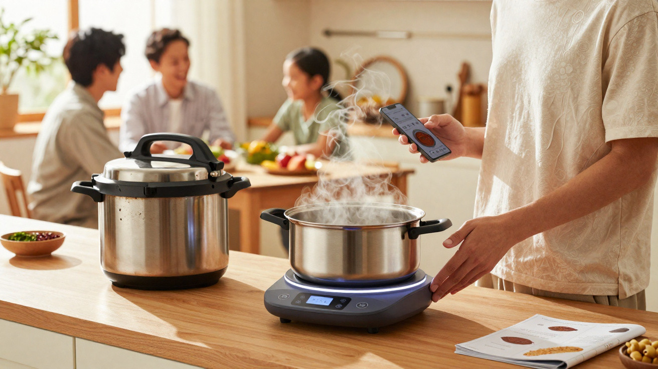 Pessoa cozinhando com panela elétrica e controle remoto, enquanto três pessoas conversam ao fundo.