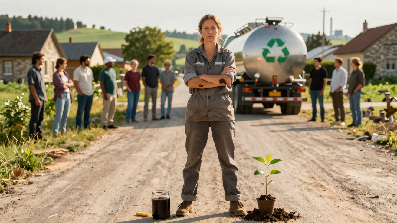 Mulher de macacão cinza em estrada de terra com planta, jarra de líquido e grupo ao fundo com caminhão de reciclagem.