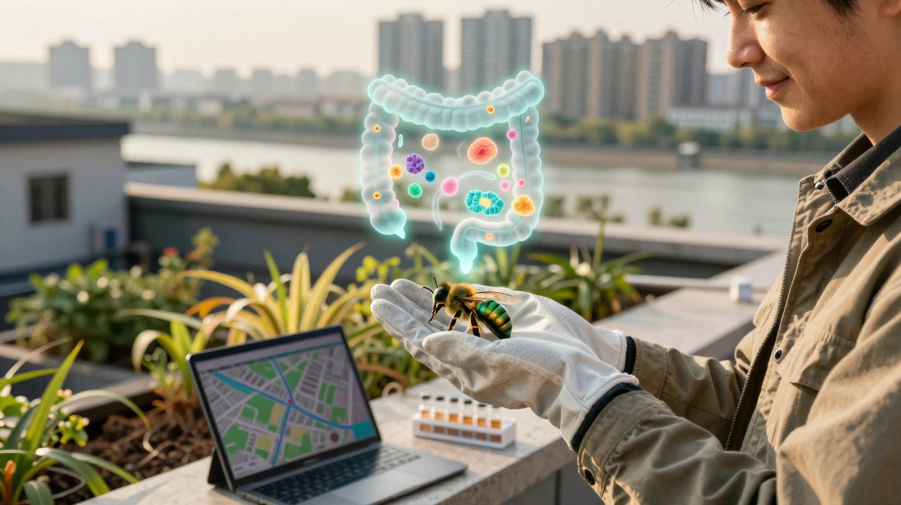 Pessoa com luvas segurando abelha em área urbana, com ilustração do intestino e microbiota acima da mão.