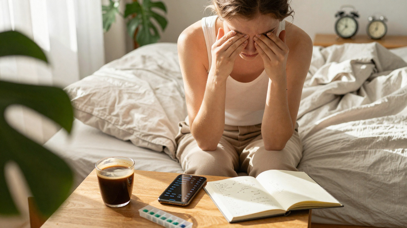 Mulher sentada na cama com mãos no rosto, mesa com celular, café, remédio e caderno aberto.