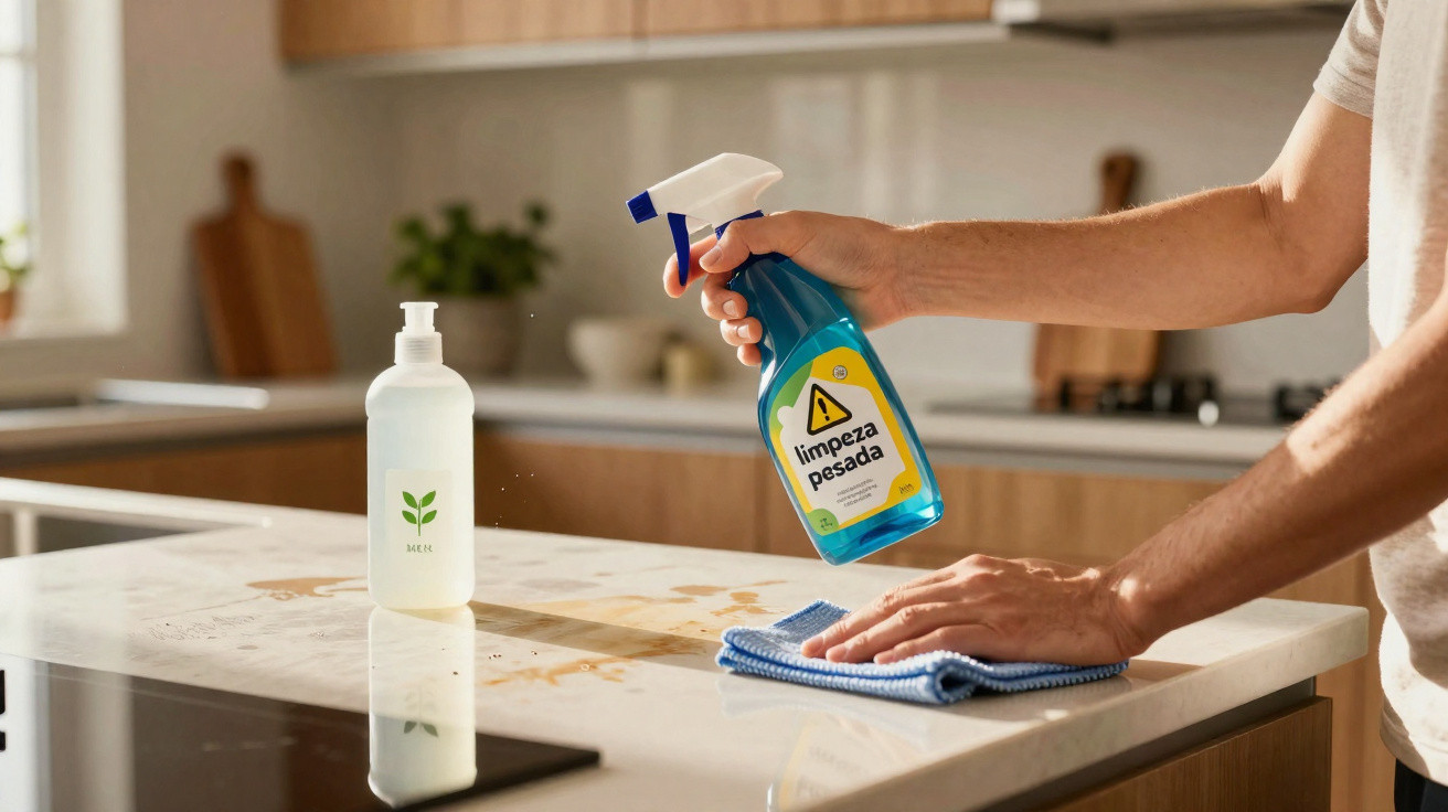 Pessoa limpando bancada de cozinha com spray de limpeza pesada e pano azul.
