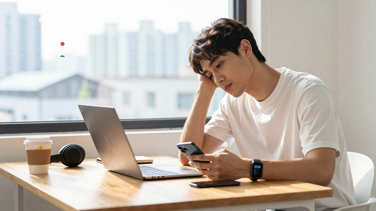Jovem sentado à mesa com laptop, olhando preocupado para o celular em ambiente iluminado.