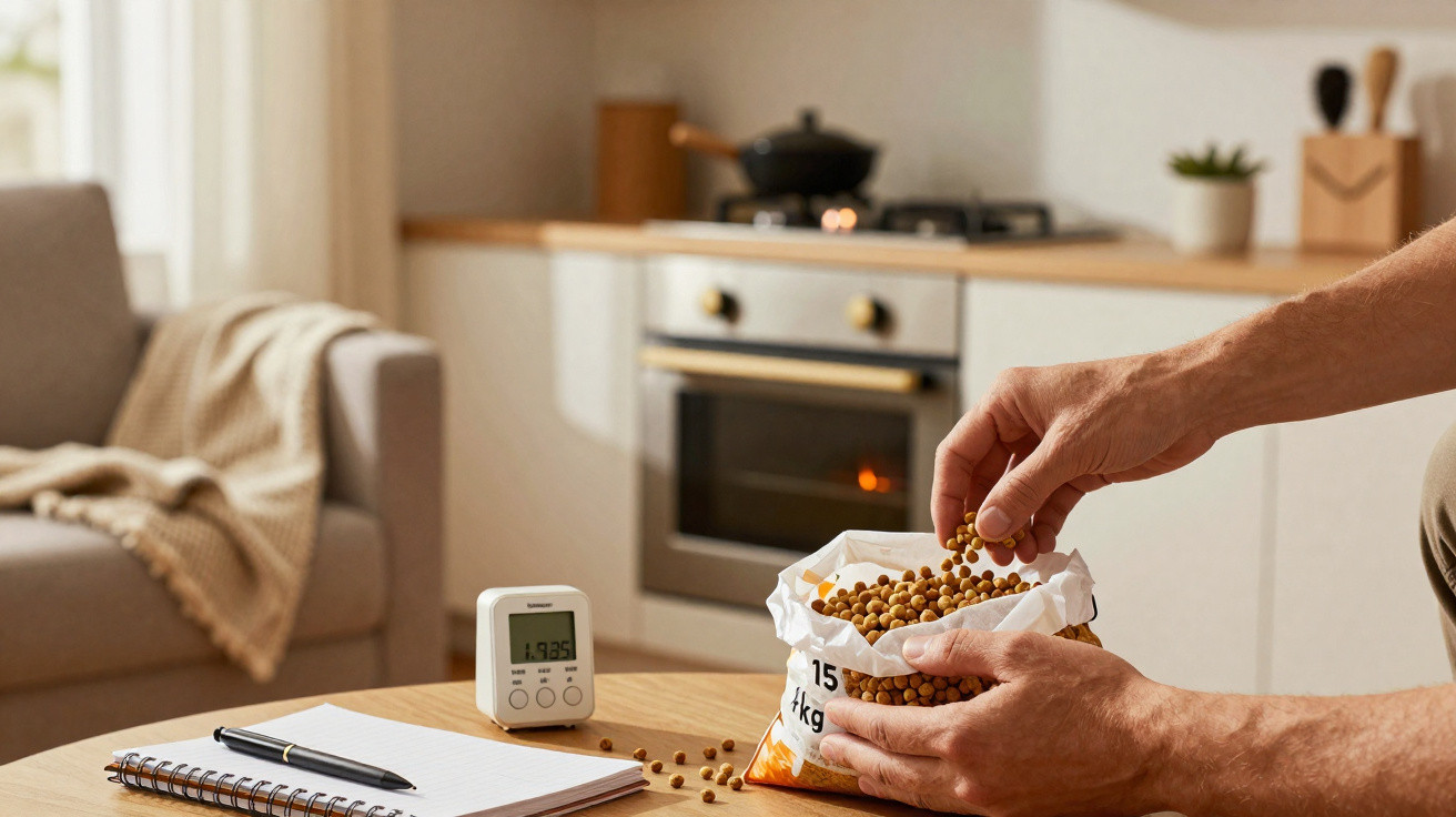 Mãos segurando pacote aberto de grãos em cozinha com timer, caderno e caneta sobre mesa.