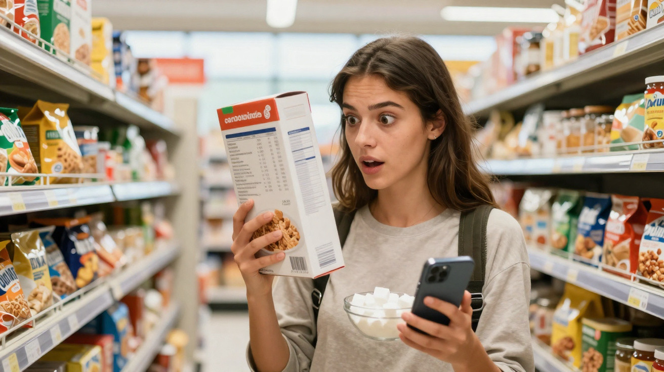 Jovem em supermercado segurando caixa de cereal e celular com expressão de surpresa.