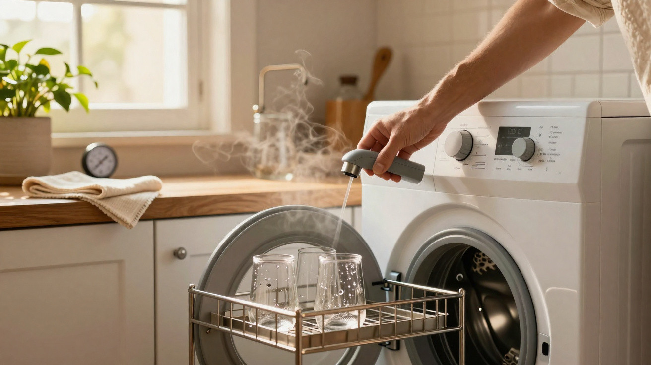 Pessoa utilizando vapor para limpar copos e pratos na lavadora de louças em cozinha iluminada.