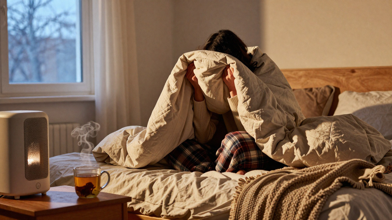 Pessoa sentada na cama se cobrindo com edredom em ambiente aconchegante com aquecedor e chá quente na mesa.