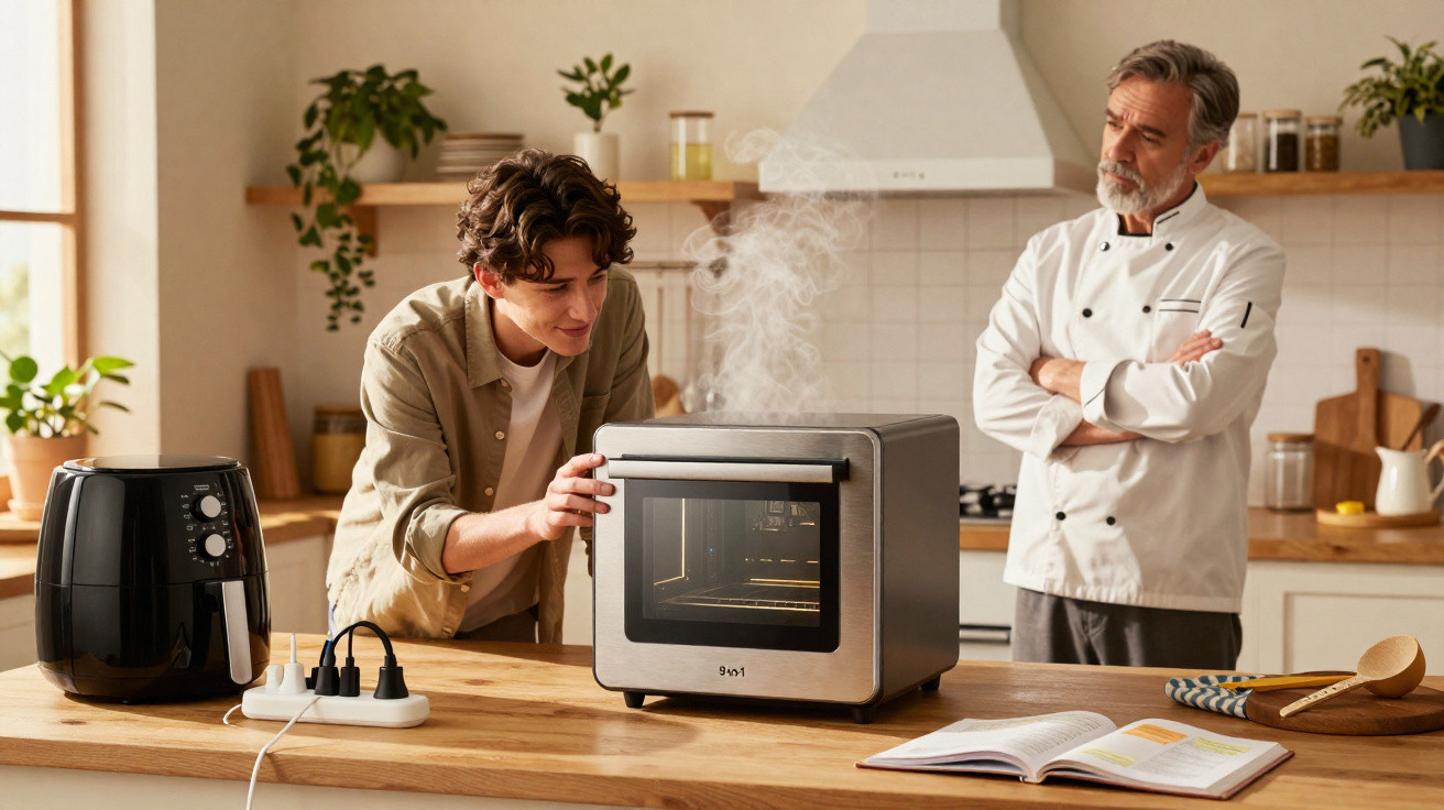 Jovem observa forno a vapor que está soltando fumaça enquanto chef experiente o acompanha na cozinha.