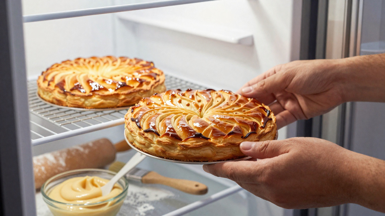 Pessoa colocando torta folhada dourada em prato dentro de geladeira, com outra torta na prateleira.
