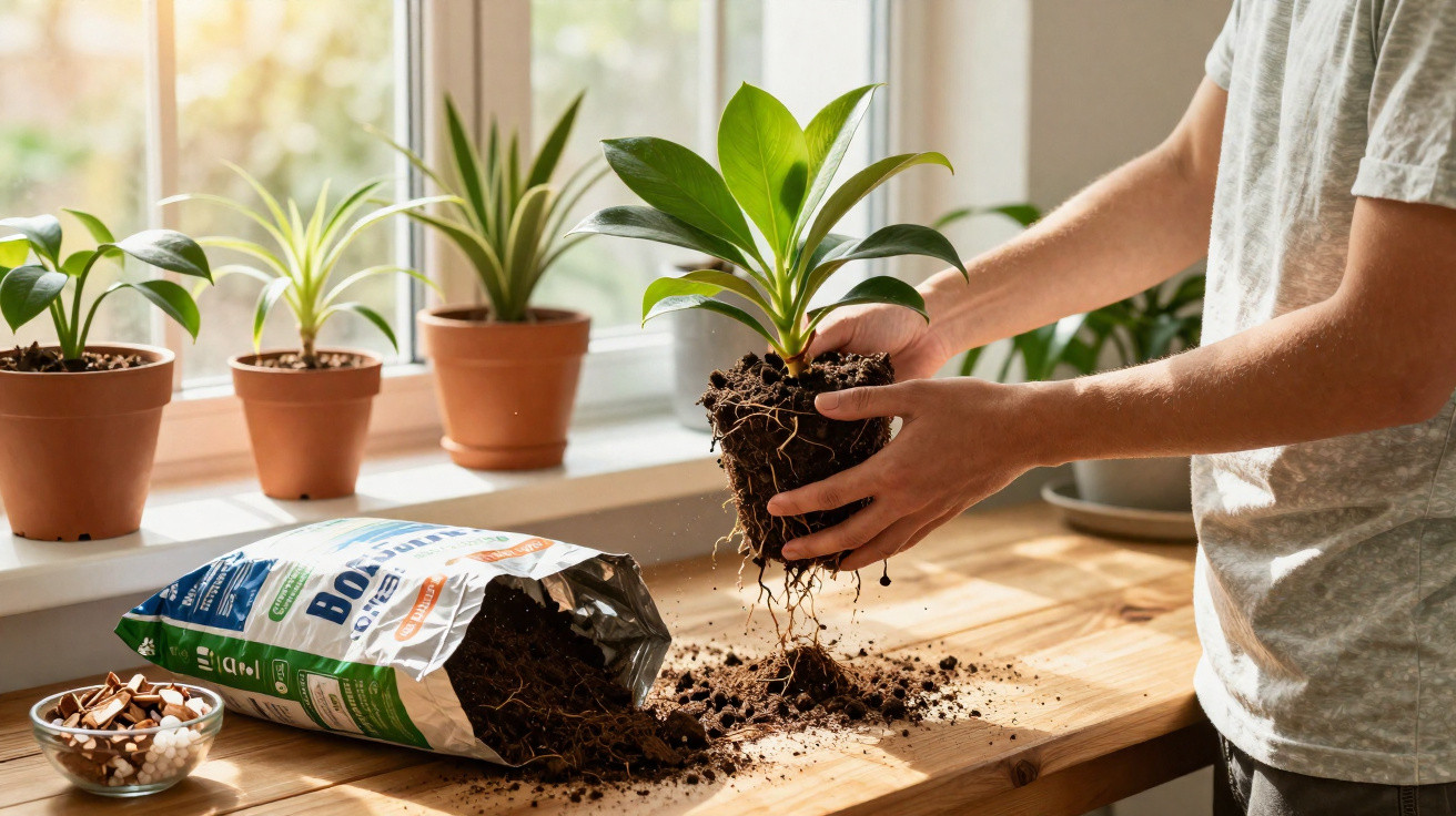 Pessoa transplantando muda de planta em vaso em mesa com terra e outras plantas ao fundo na janela.