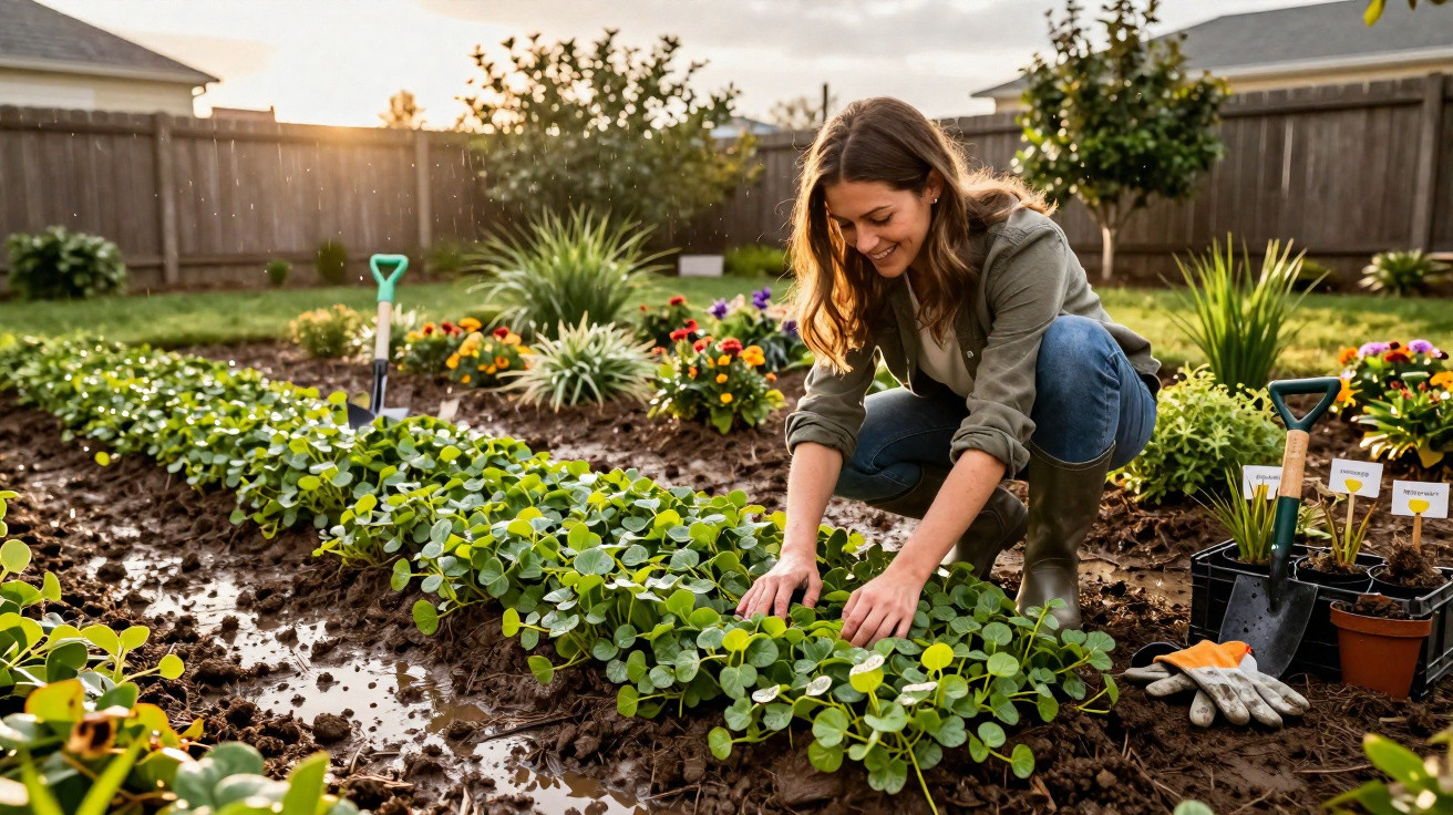 Mulher cuidando de plantas em horta caseira ao ar livre durante o pôr do sol.