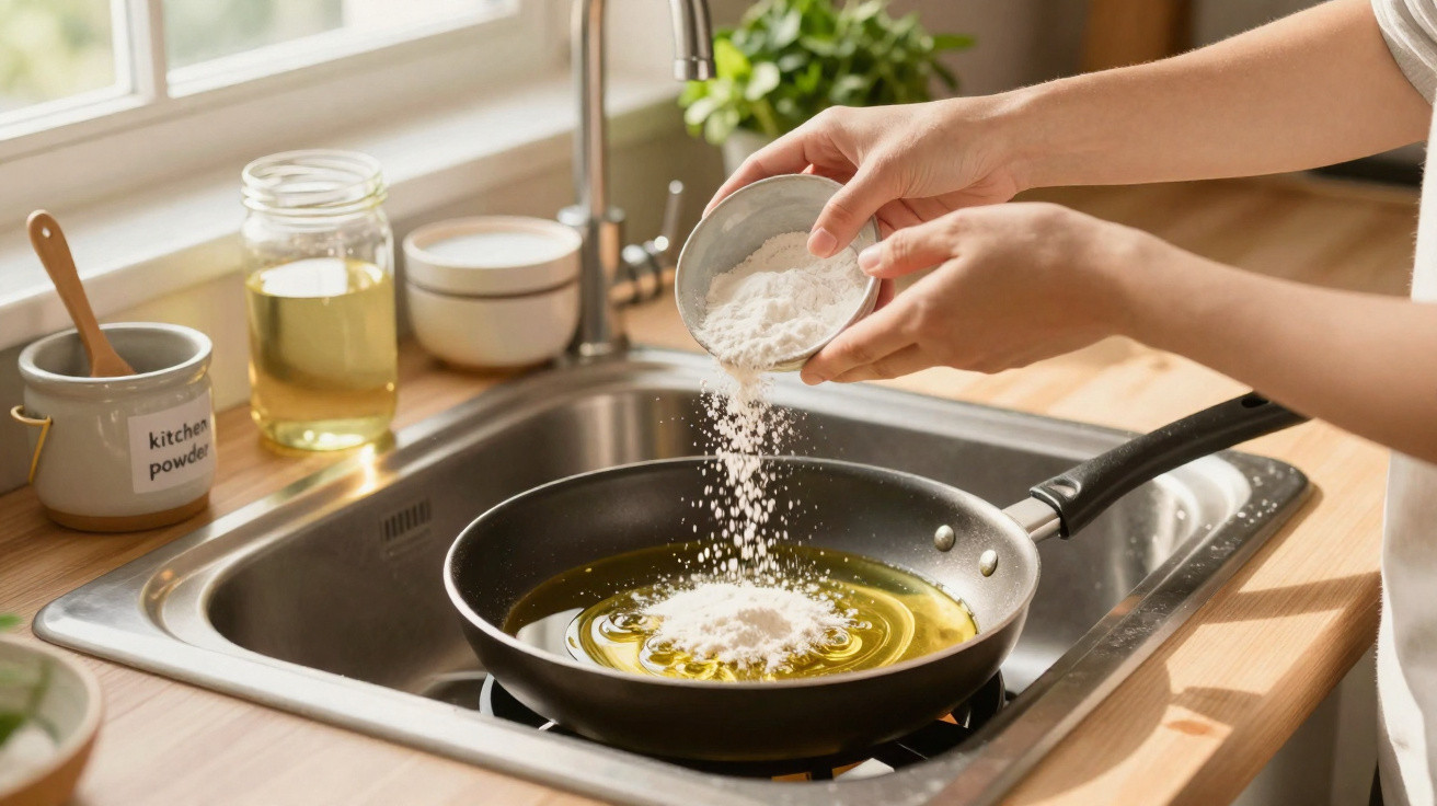 Pessoa adicionando farinha em frigideira com óleo em fogão próximo à pia na cozinha.