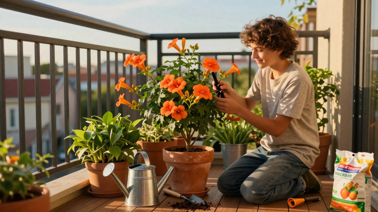 Criança cuidando de flores laranjas em vasos no varal durante tarde ensolarada.