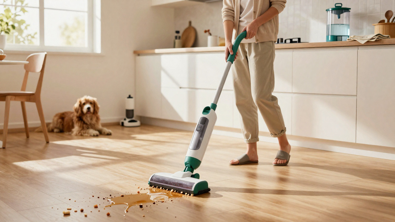 Pessoa limpando líquido e migalhas no chão da cozinha com aspirador, cachorro ao fundo sentado.