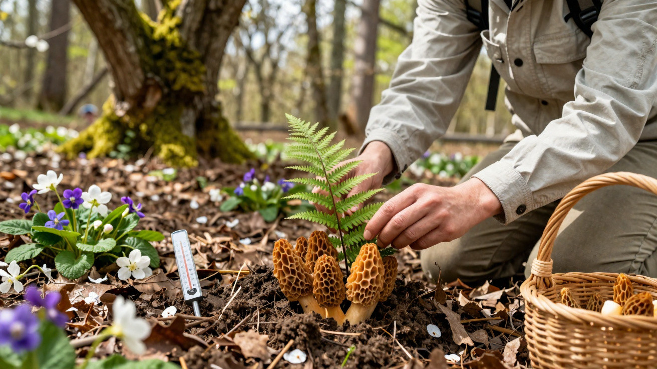 Pessoa colhendo cogumelos morchella em floresta com flores e termômetro no solo.