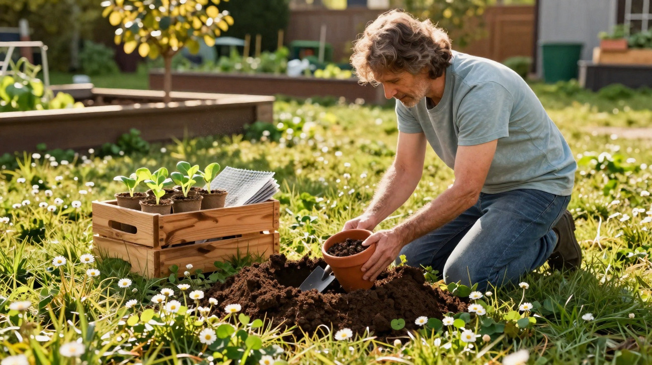 Homem ajoelhado plantando mudas em vaso em jardim com flores e caixa de madeira ao lado.