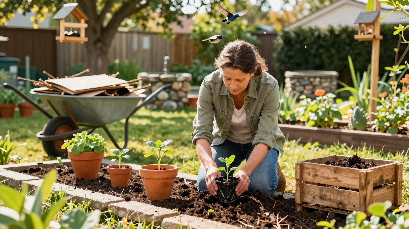 Mulher plantando mudas em jardim, com pássaros voando e carrinho de mão ao fundo.