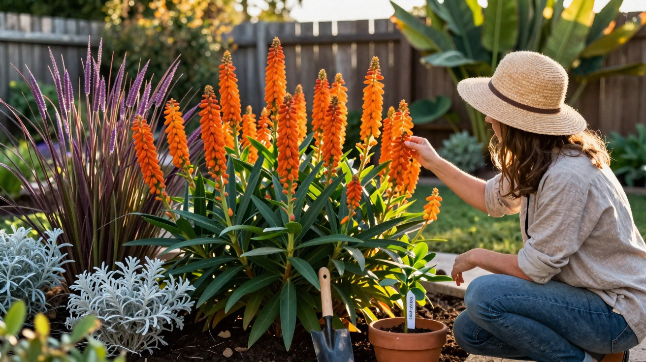 Mulher com chapéu cuidando de flores laranja em jardim ensolarado com várias plantas ao redor.