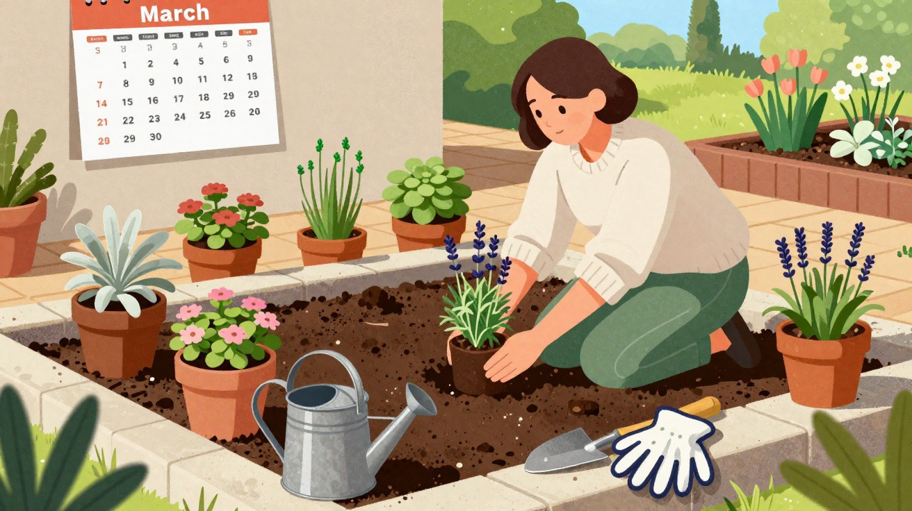 Mulher plantando flores em um jardim com regador, luvas e ferramentas de jardinagem ao lado.