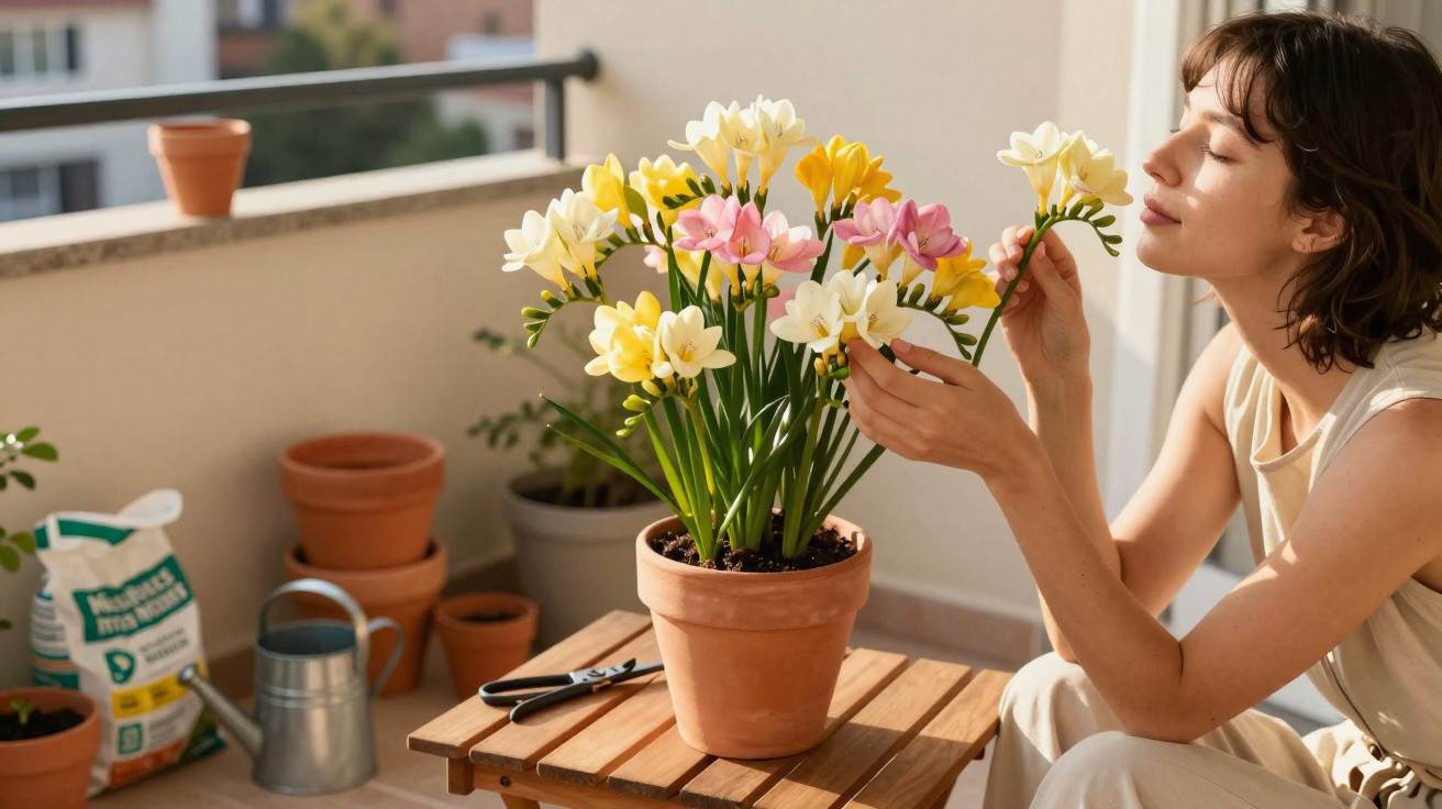 Mulher sentada cheirando flor em vaso de cerâmica com flores coloridas em varanda iluminada.