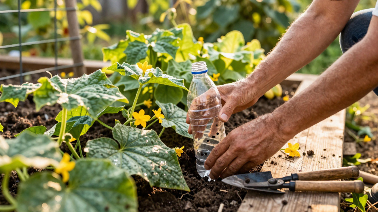 Mãos plantando muda usando garrafa PET perfurada em canteiro com folhas verdes e flores amarelas.