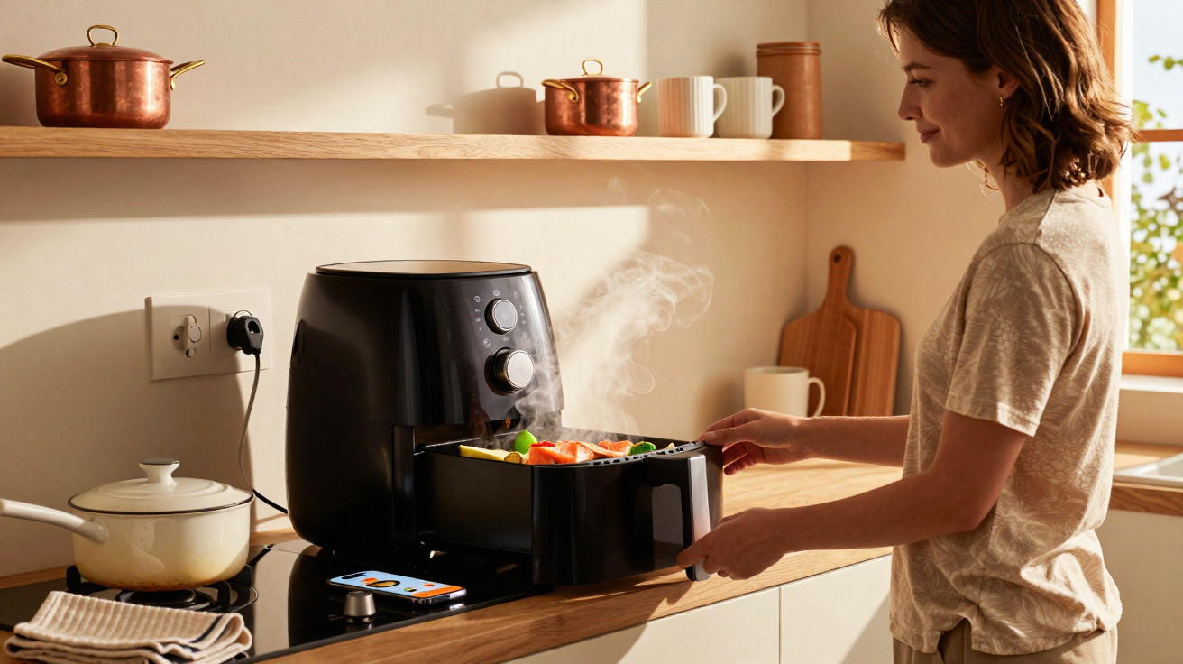 Mulher retira legumes quentes de airfryer em cozinha iluminada com prateleira e utensílios ao fundo.