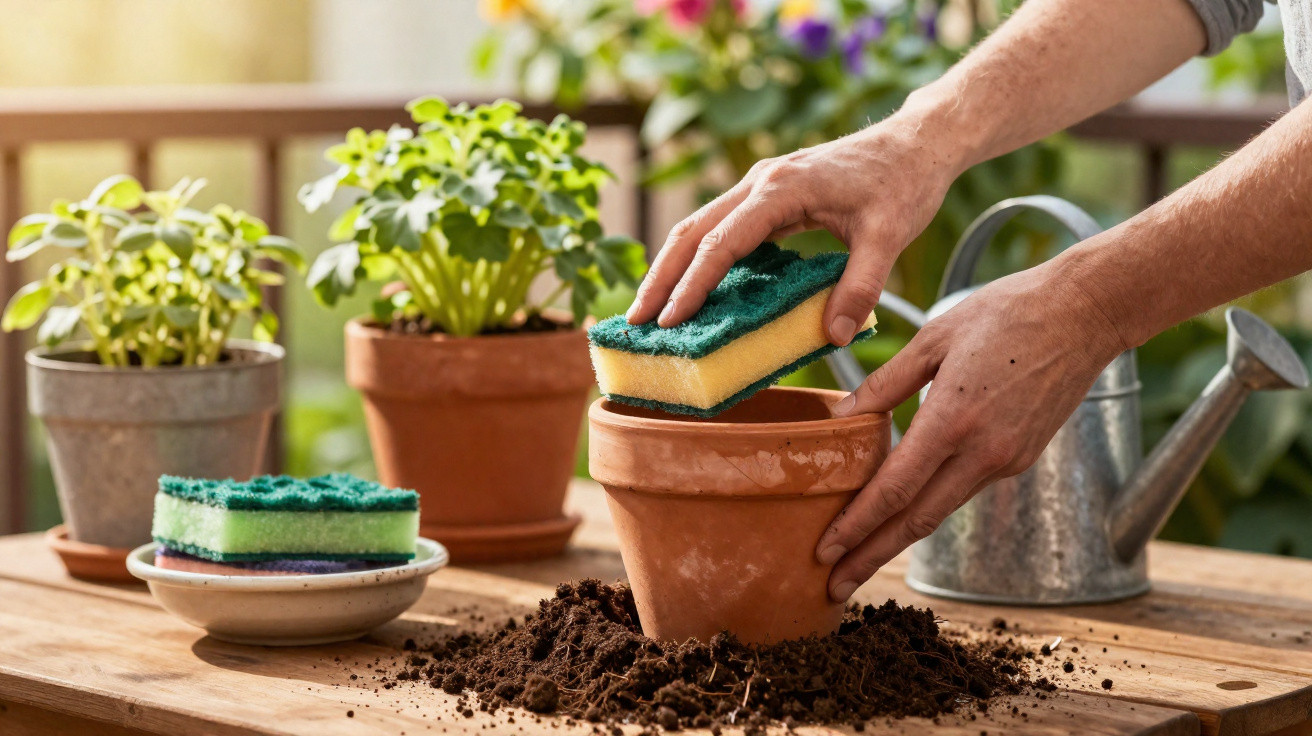 Pessoa limpando vaso de barro com esponja em mesa com terra e plantas ao fundo.