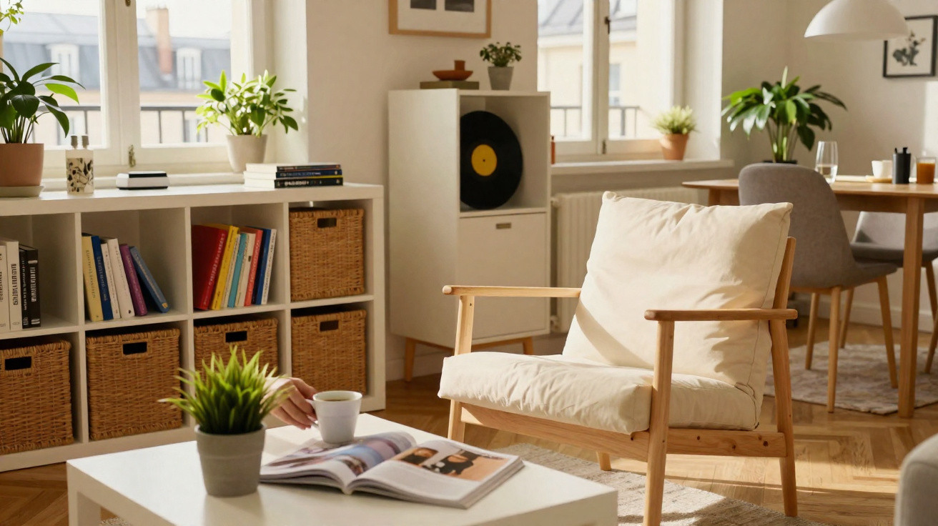Sala de estar iluminada com poltrona clara, mesa com livro e plantas em prateleiras ao fundo.