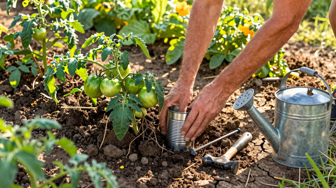 Mãos plantando muda de tomateiro na terra, com regador e ferramentas ao lado em jardim ensolarado.