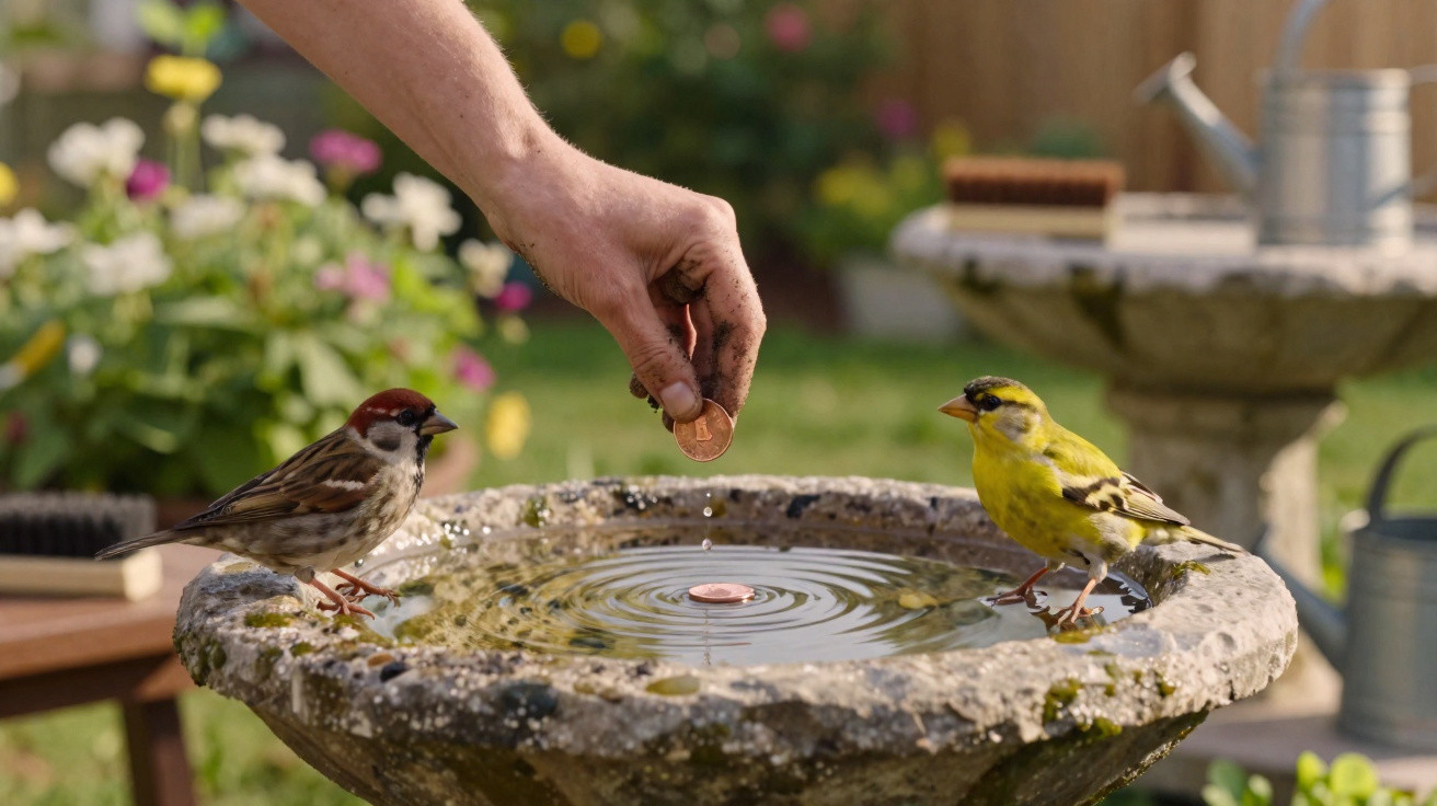 Mão segurando moeda sobre bebedouro de pedra com dois pássaros, um marrom e outro amarelo, em jardim.