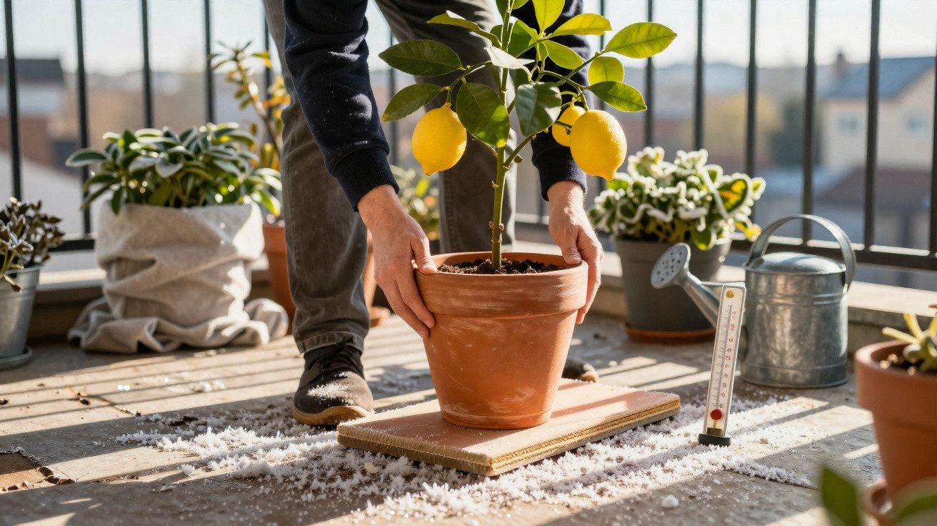 Pessoa cuidando de planta com limões em vaso de cerâmica em varanda ensolarada.
