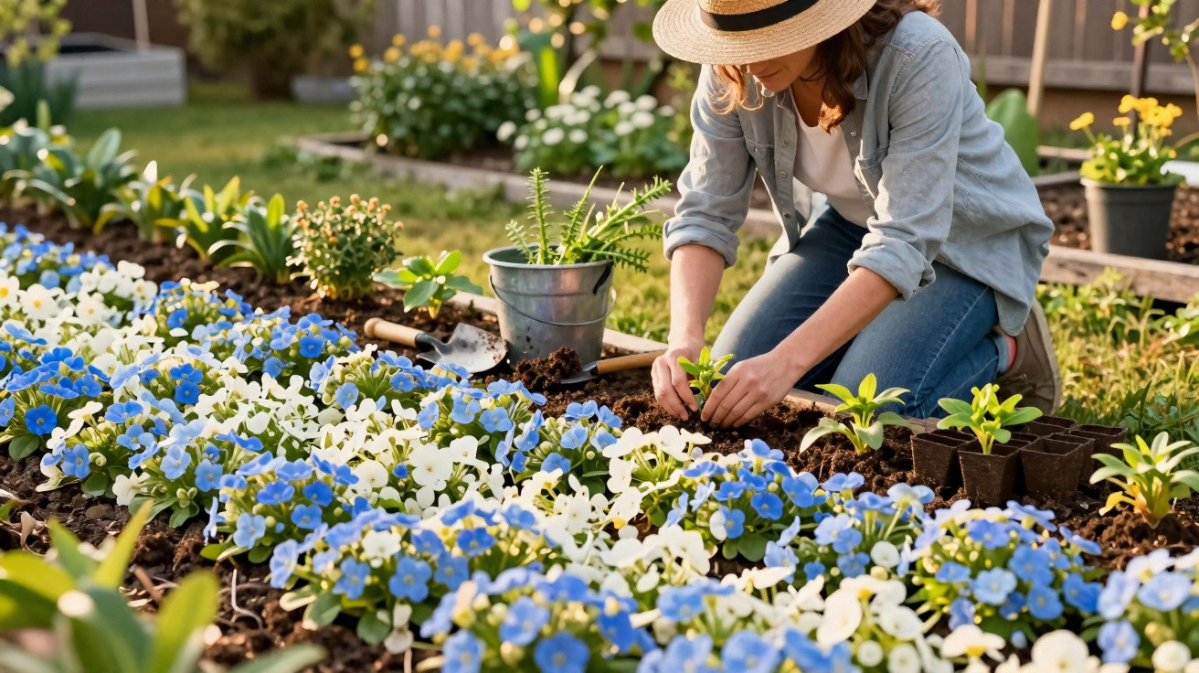Mulher com chapéu plantando mudas em jardim florido com flores azuis e brancas em dia ensolarado.