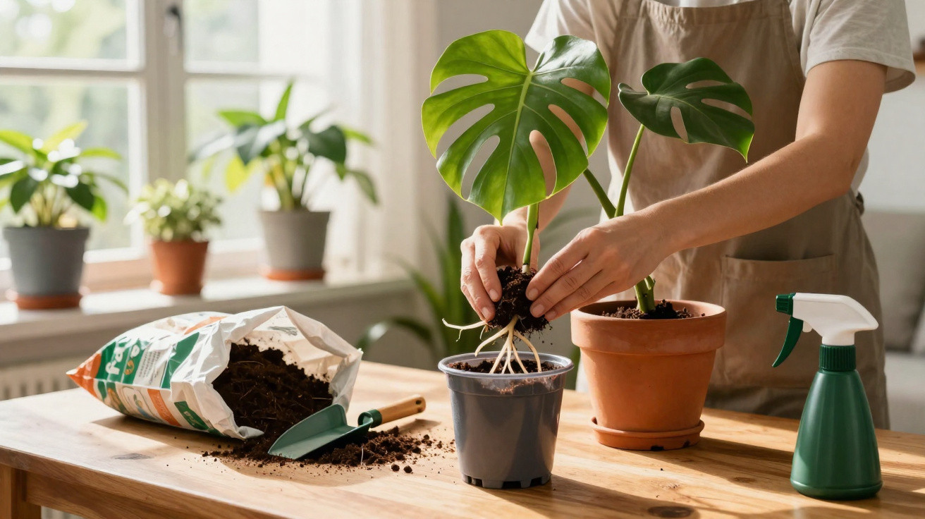 Pessoa transplantando planta Monstera em vaso interno com ferramentas de jardinagem sobre mesa de madeira.