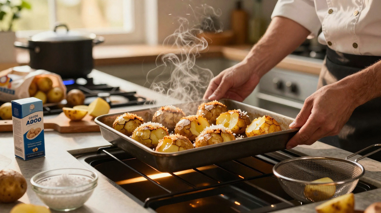 Pessoa tirando assadeira com batatas assadas e sal grosso de forno em cozinha iluminada natural.