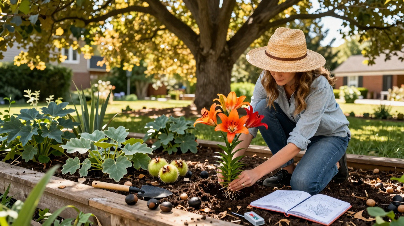 Mulher com chapéu plantando lírios em jardim elevado sob árvore em dia ensolarado.