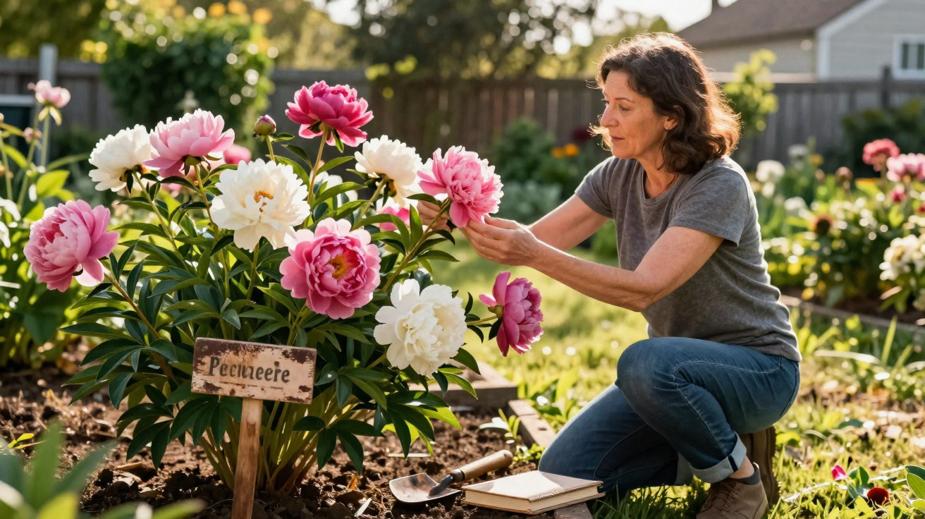Mulher cuidando de flores peônias rosas e brancas em um jardim ensolarado durante o dia.