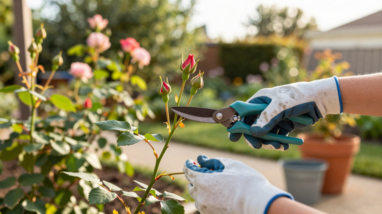 Mãos com luvas brancas podando botões de rosa vermelha em um jardim ensolarado.