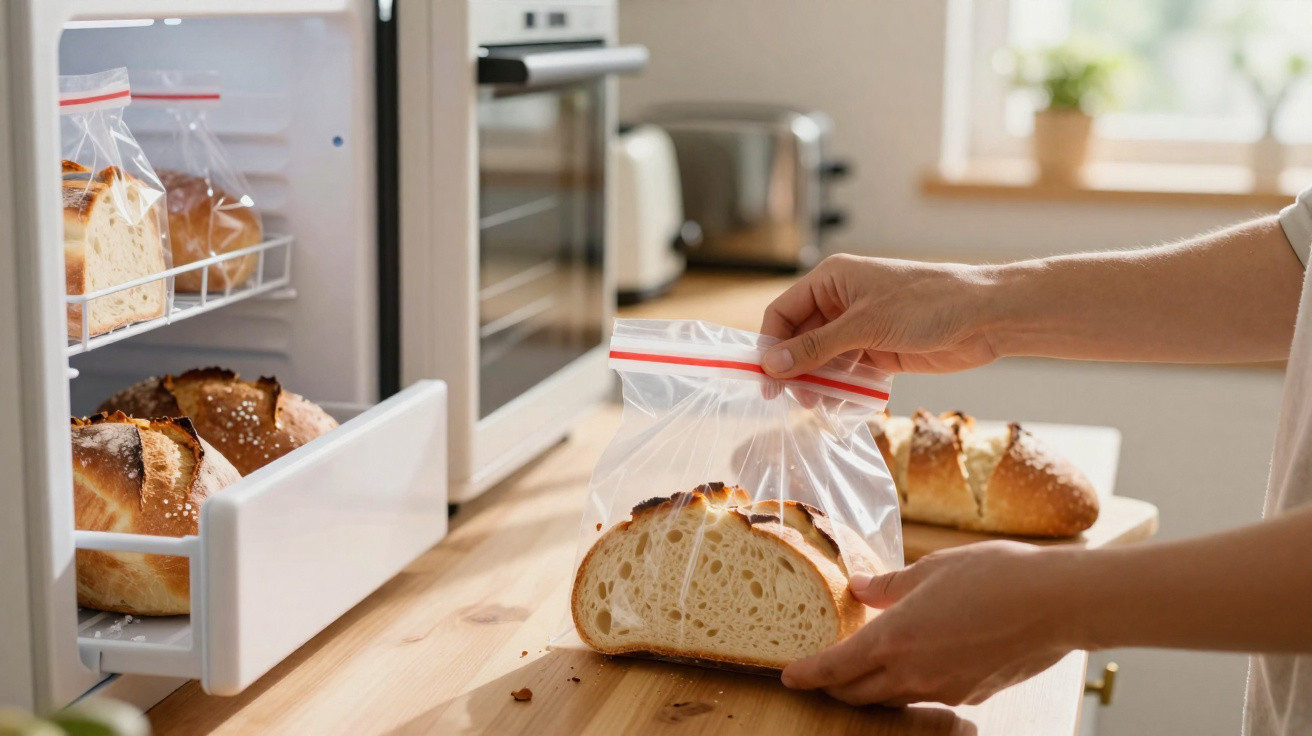 Mãos colocando fatias de pão em saco plástico transparente na cozinha ao lado de pão na geladeira.