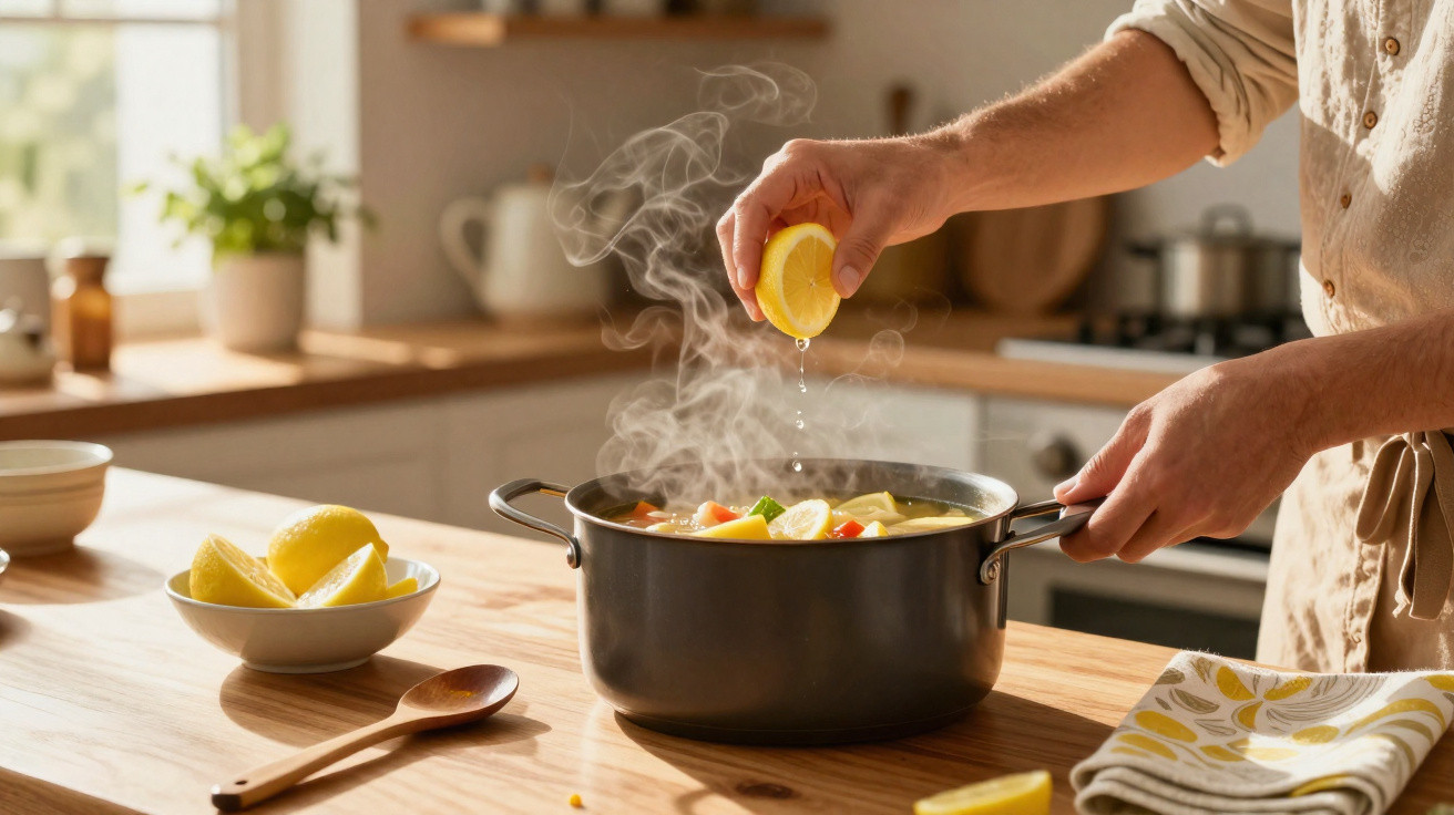 Pessoa espremendo limão em panela com sopa quente em cozinha iluminada por luz natural.