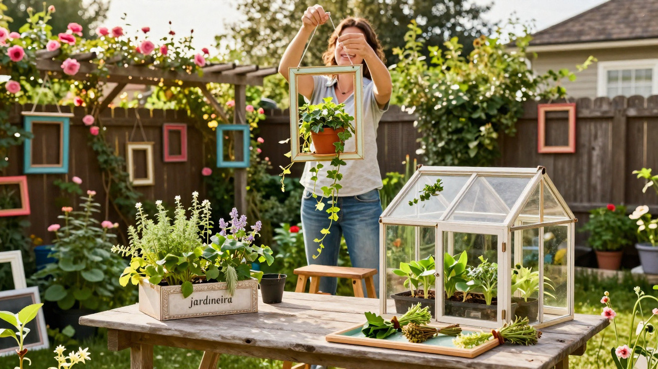 Mulher segurando vaso de planta em moldura de quadro no jardim com plantas e mini estufa na mesa.