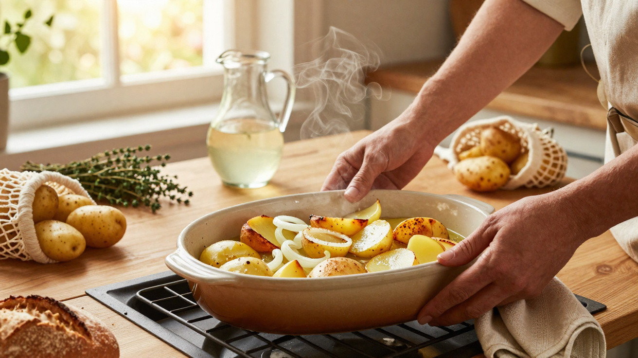 Pessoa segurando travessa com batatas assadas e cebolas em cozinha iluminada, com pão e ervas ao fundo.